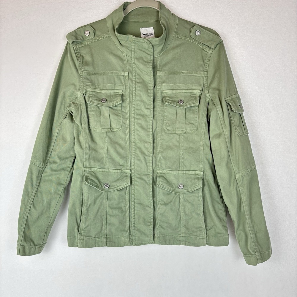 Kensie Green Military Utility Cargo Jacket Full Zip Pockets Buttons Women's Med